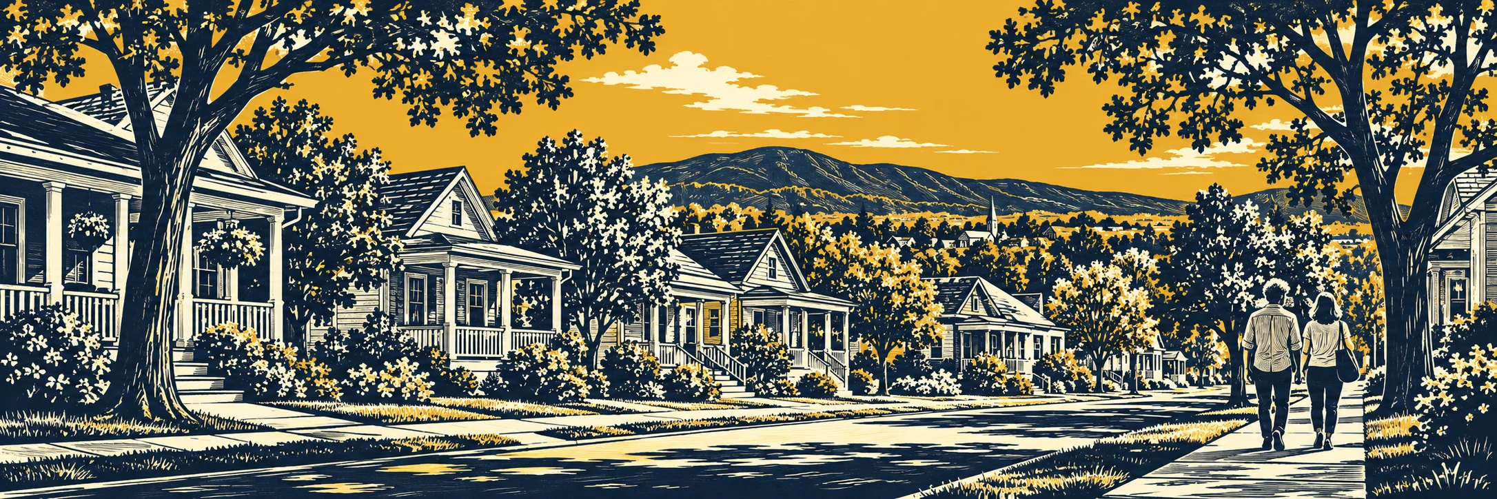 Linocut illustration of a neighborhood with porches, trees and distant hills