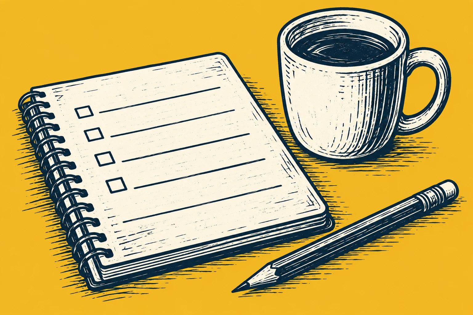 Illustrated notebook, pencil and coffee mug